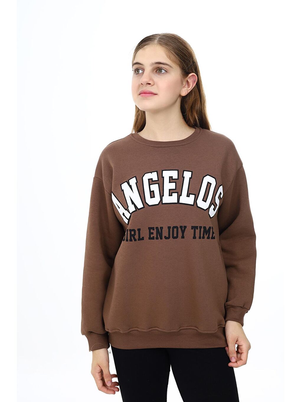 Kahverengi Kız Çocuk Yazı Baskılı 3 İplik Sweatshirt 7-13 Yaş Lx289