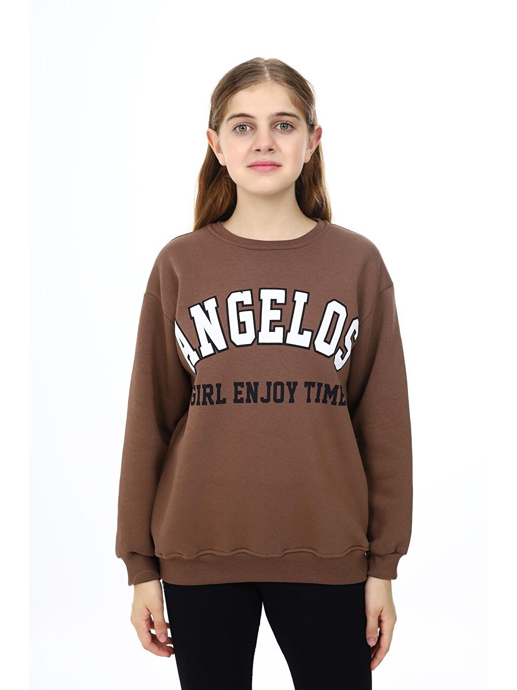 Kahverengi Kız Çocuk Yazı Baskılı 3 İplik Sweatshirt 7-13 Yaş Lx289-1