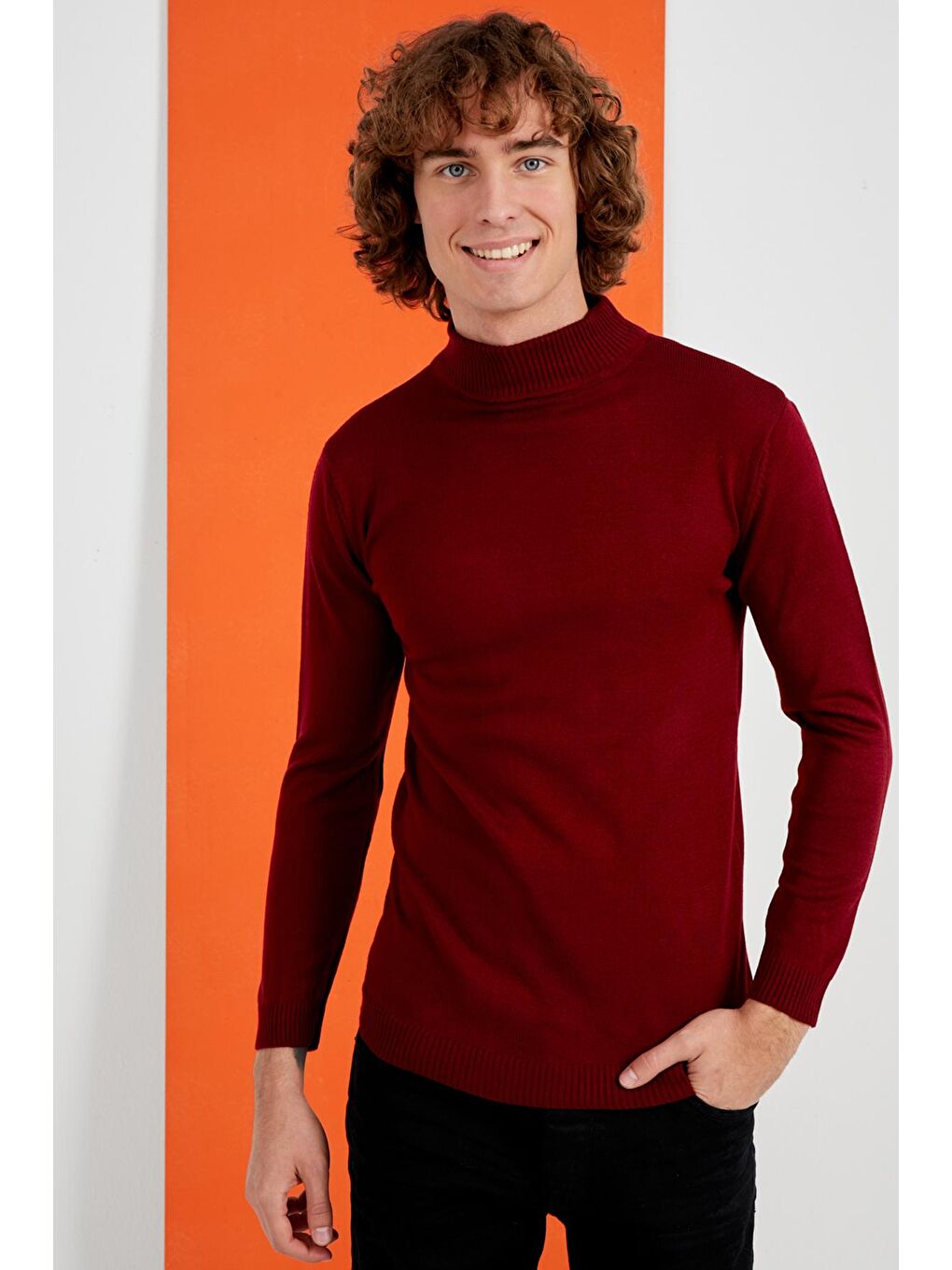 Erkek Bordo Yarım Balıkçı Yaka Basic Triko Kazak-1