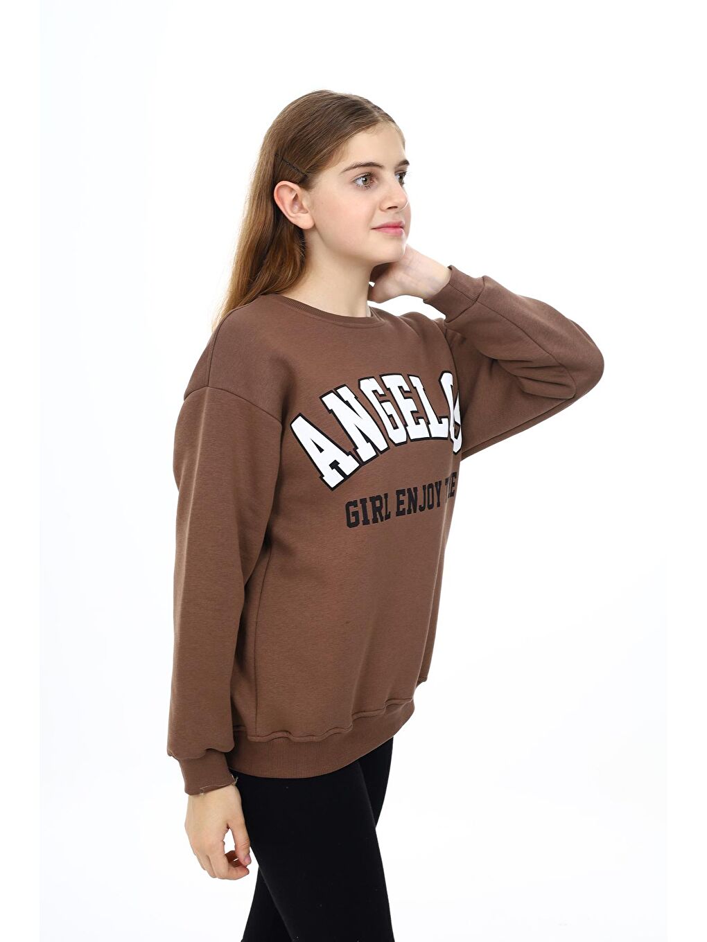 Kahverengi Kız Çocuk Yazı Baskılı 3 İplik Sweatshirt 7-13 Yaş Lx289-2
