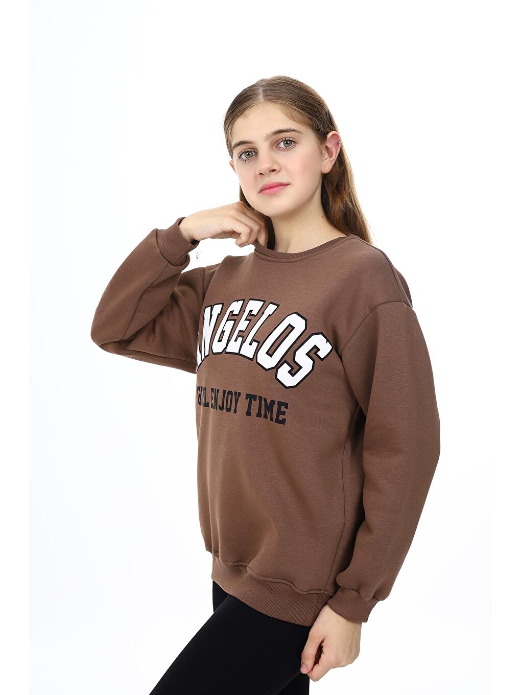 Kahverengi Kız Çocuk Yazı Baskılı 3 İplik Sweatshirt 7-13 Yaş Lx289-3