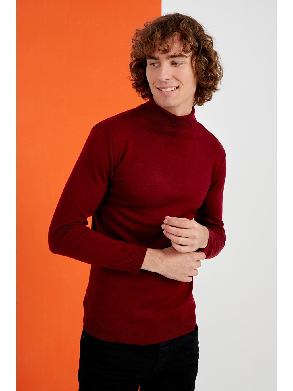 Erkek Bordo Yarım Balıkçı Yaka Basic Triko Kazak-2