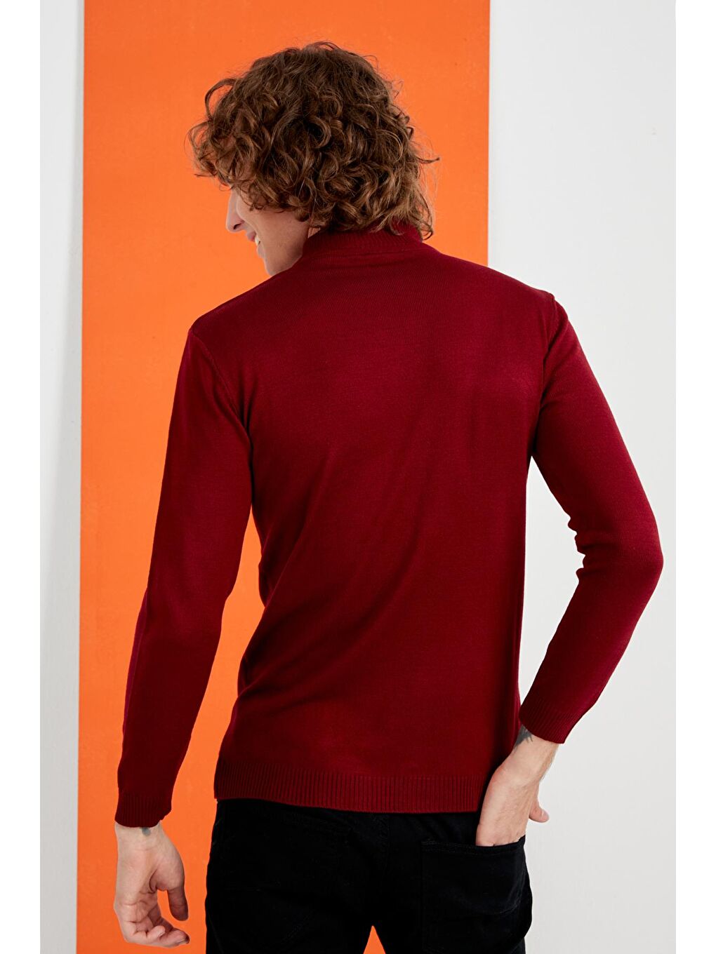 Erkek Bordo Yarım Balıkçı Yaka Basic Triko Kazak-4