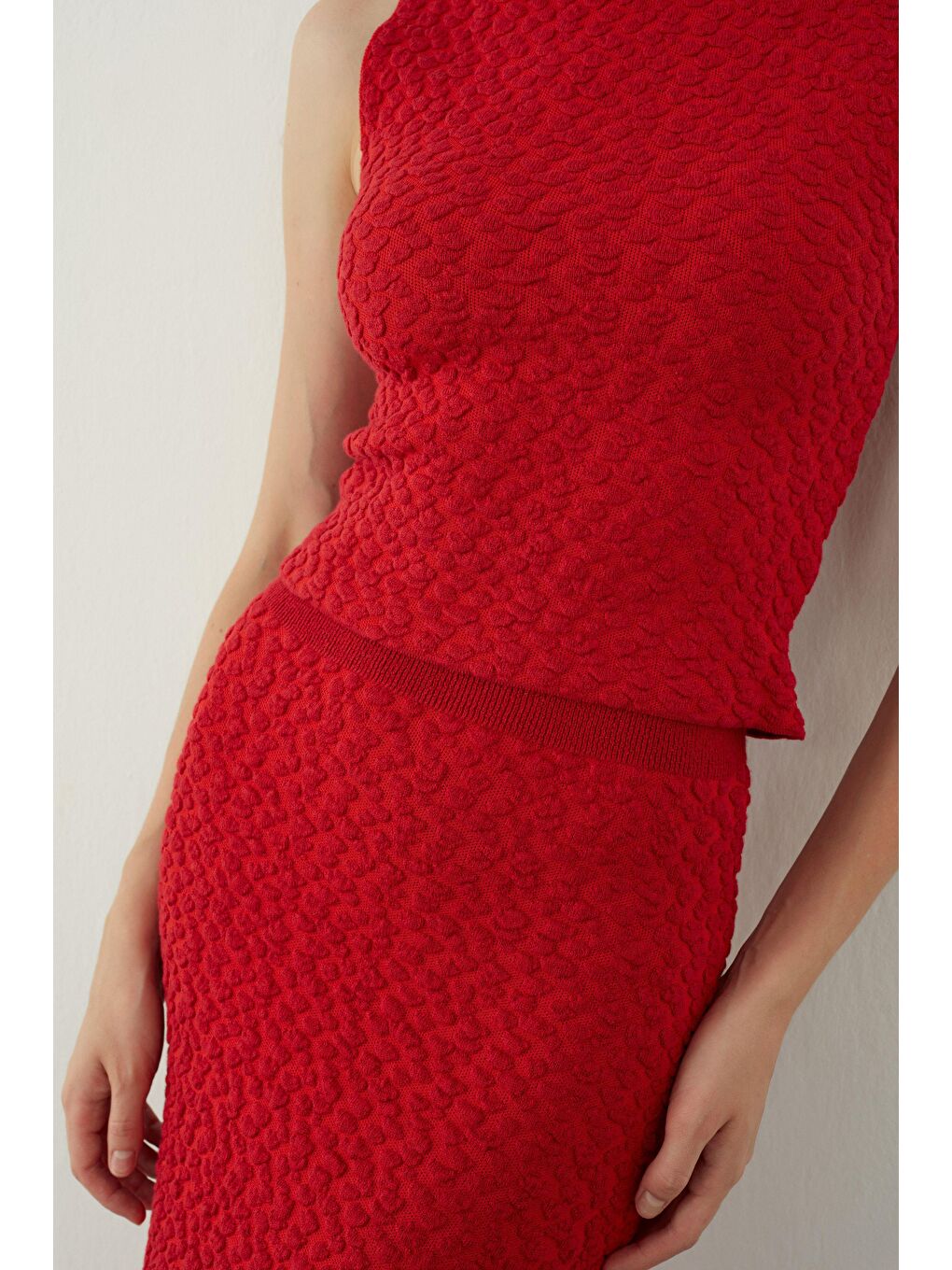 Kırmızı Dik Yaka Triko Bluz-2