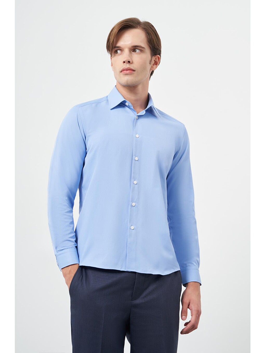 Mavi Uzun Kol Düz Bez Ayağı Sert Yaka Cepsiz Pamuklu Classic Slim Fit Gömlek 1004245267-2