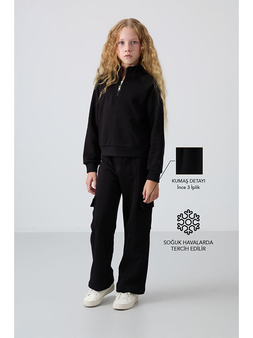 Siyah Pamuklu İçi Tüylü Yumuşak Dokulu Standart Fit Nakışlı Kız Çocuk Eşofman Takım - 75159