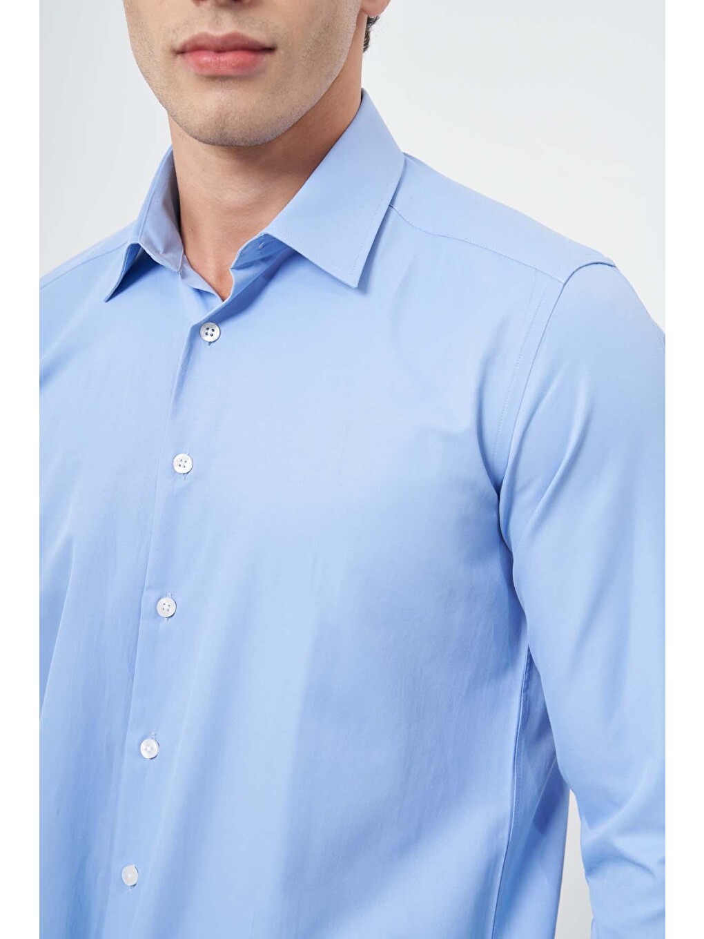 Mavi Uzun Kol Düz Bez Ayağı Sert Yaka Cepsiz Pamuklu Classic Slim Fit Gömlek 1004245267-3