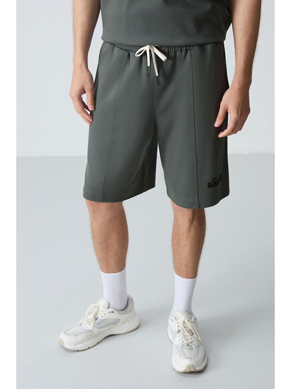 Haki Pamuklu Kalın Yumuşak Dokulu Oversize Fit Basic Erkek Şort Takım - 85259-2