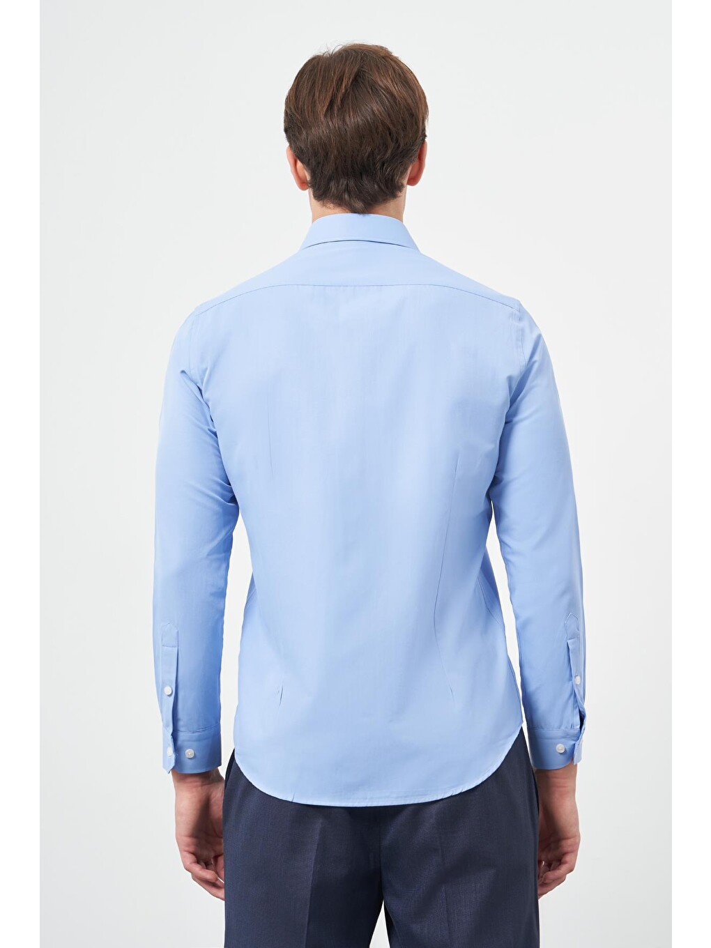 Mavi Uzun Kol Düz Bez Ayağı Sert Yaka Cepsiz Pamuklu Classic Slim Fit Gömlek 1004245267-4