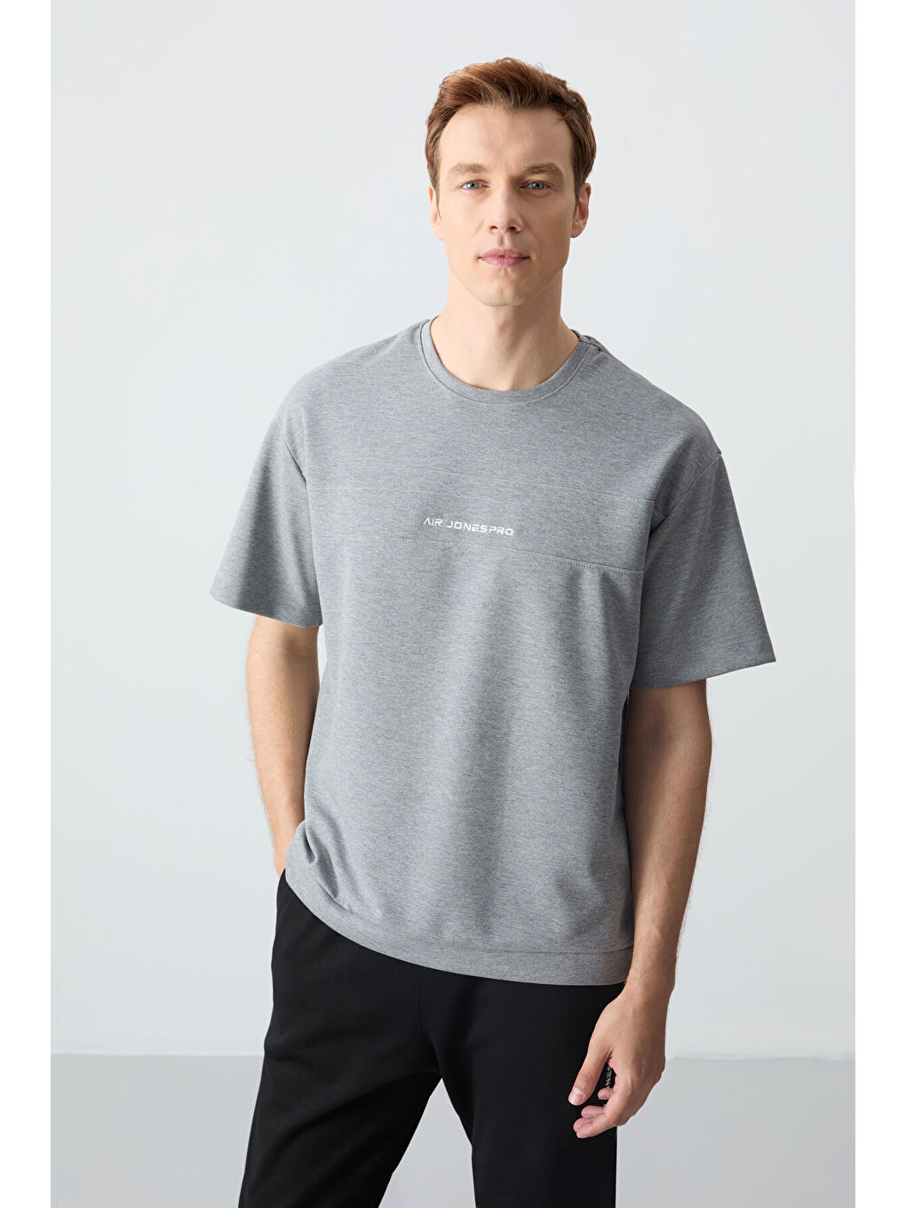 Gri Melanj  Siyah Pamuklu Kalın Yumuşak Dokulu Oversize Fit Basic Erkek Eşofman Takım - 85261-3