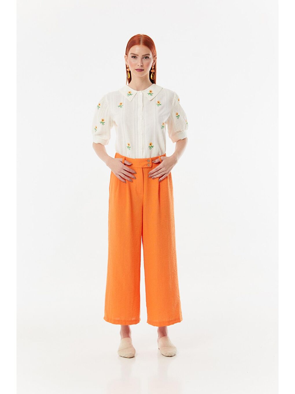 Turuncu Arkası Lastikli Wide Leg Keten Pantolon-1