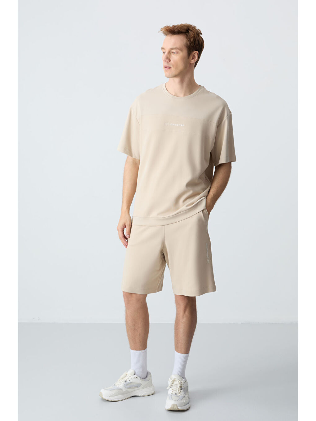 Bej Pamuklu Kalın Yumuşak Dokulu Comfort Fit Basic Erkek Şort Takım - 85257