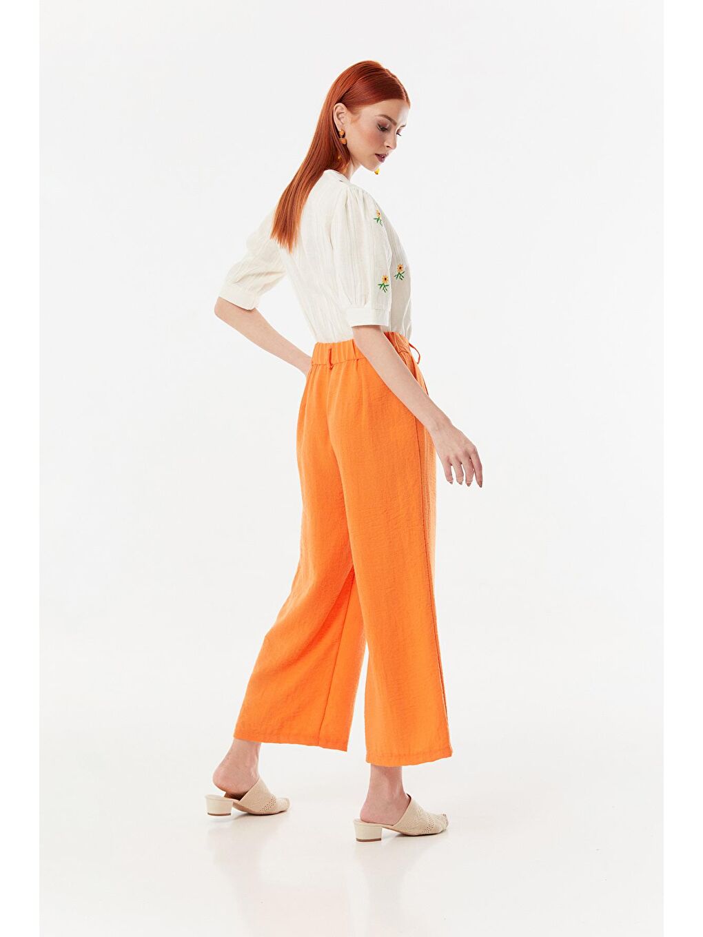 Turuncu Arkası Lastikli Wide Leg Keten Pantolon-3