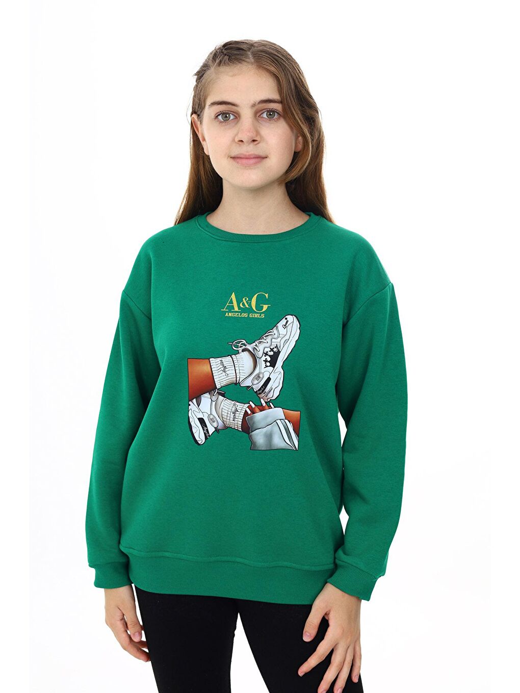 Yeşil Kız Çocuk Baskılı 3 İplik Sweatshirt 7-13 Yaş Lx287