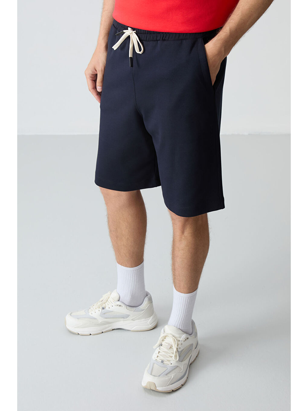 Kırmızı Fiesta Lacivert Pamuklu Kalın Yumuşak Dokulu Oversize Fit Basic Erkek Şort Takım - 85257-2