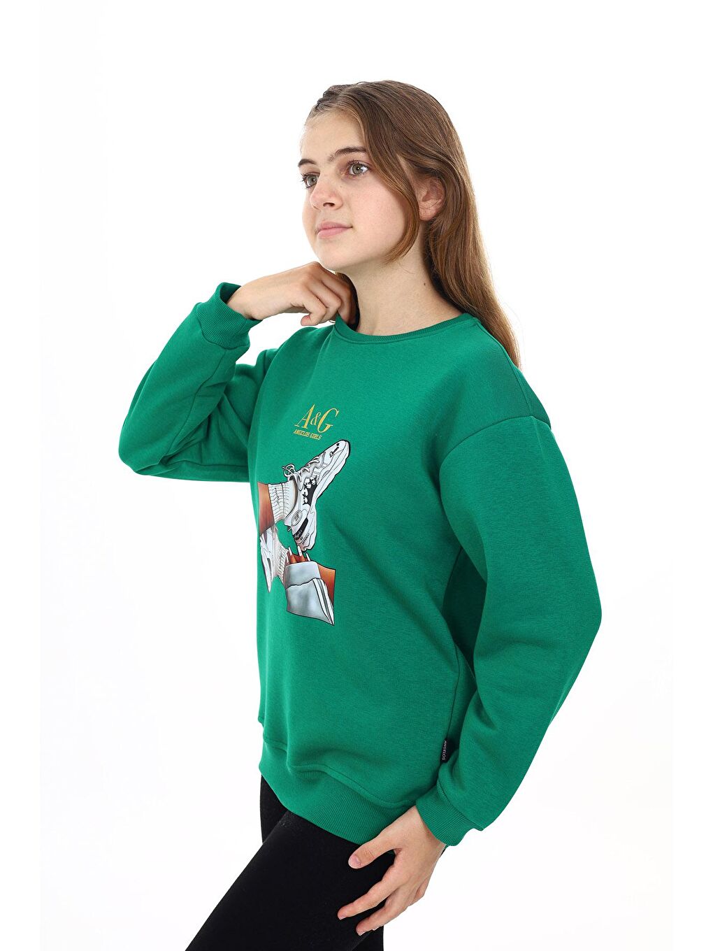 Yeşil Kız Çocuk Baskılı 3 İplik Sweatshirt 7-13 Yaş Lx287-1