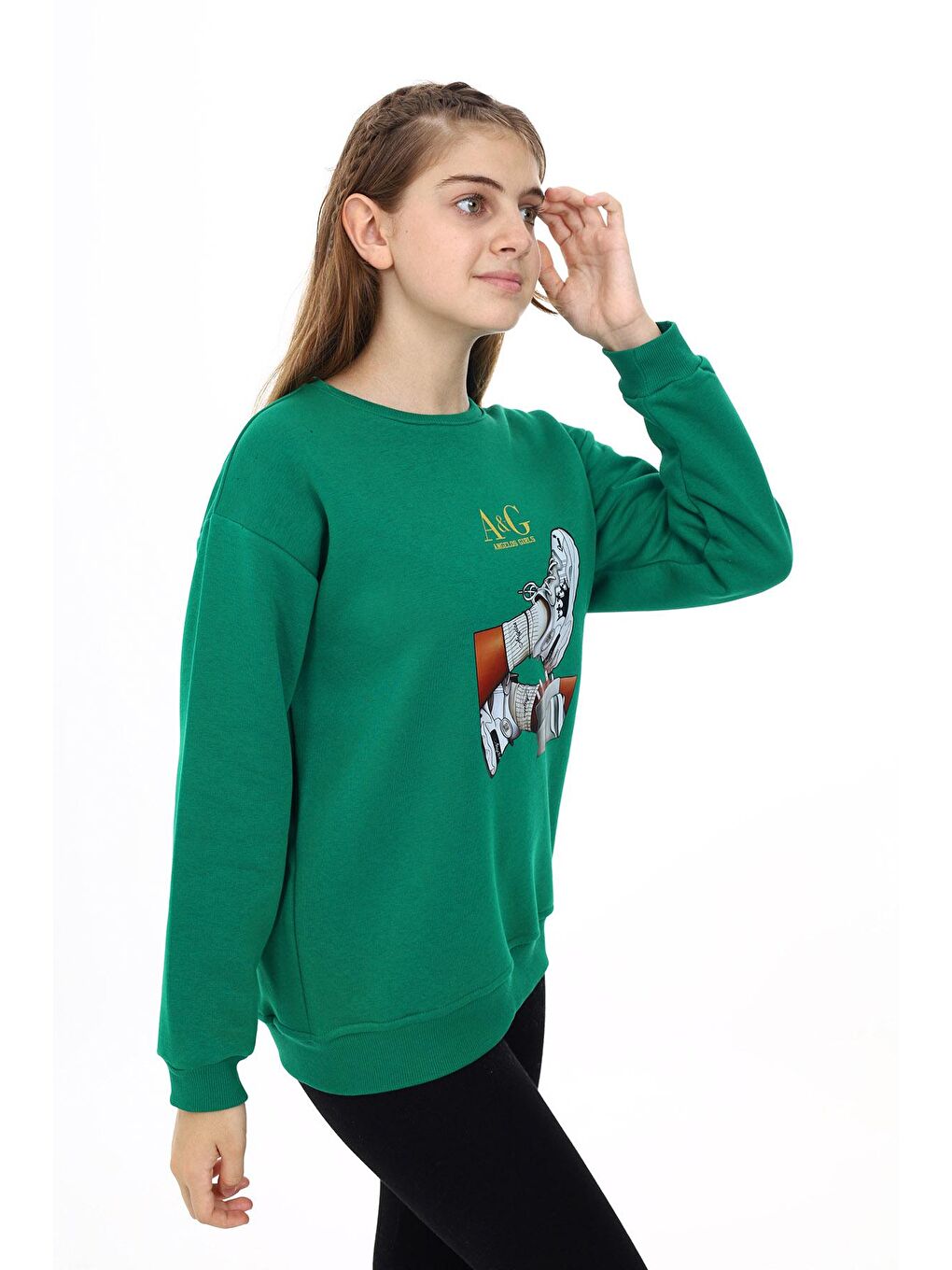 Yeşil Kız Çocuk Baskılı 3 İplik Sweatshirt 7-13 Yaş Lx287-2