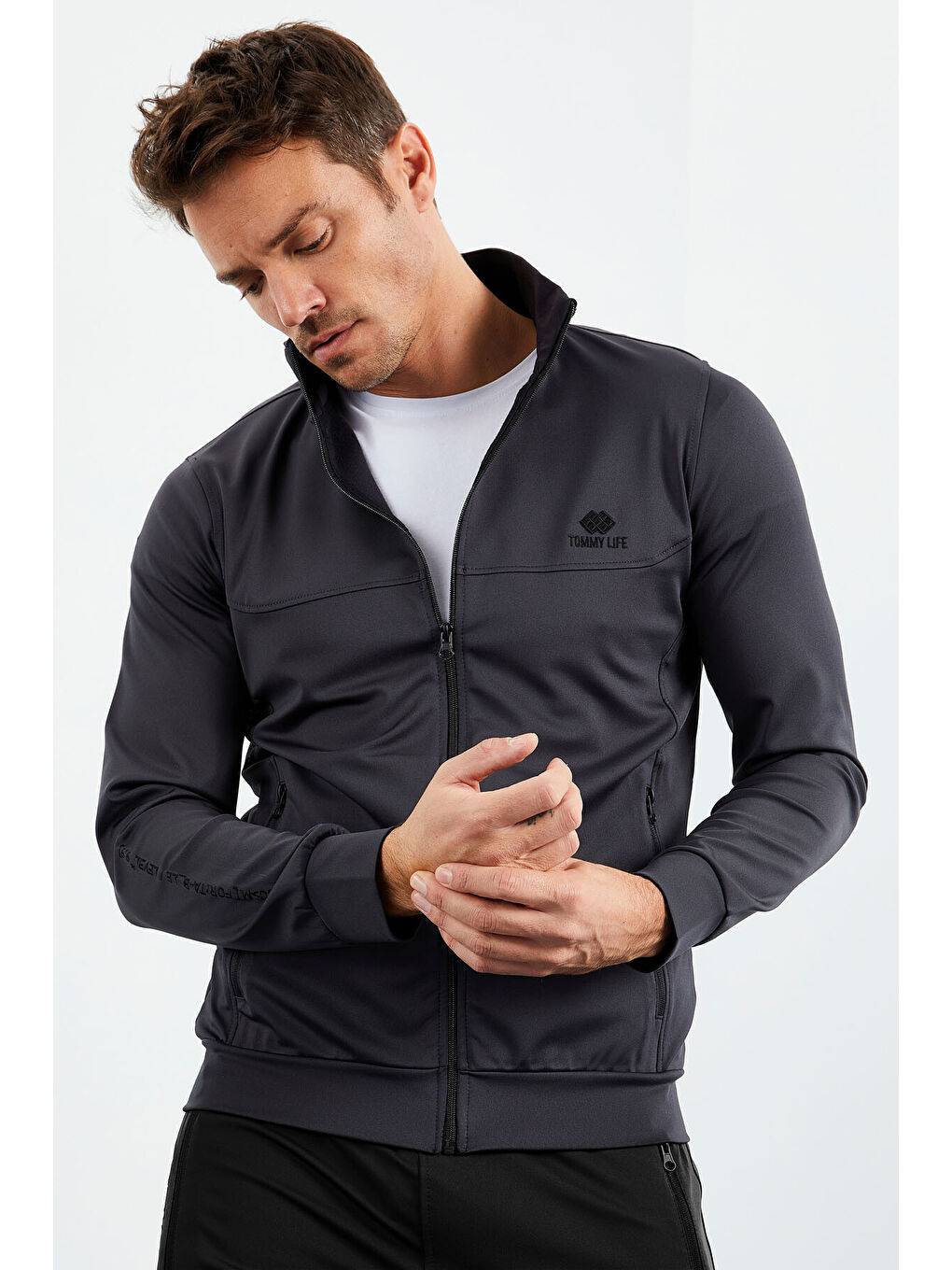 Antrasit-Siyah Dik Yaka Fermuarlı Standart Kalıp Manşetli Erkek Eşofman Takım - 85160-3