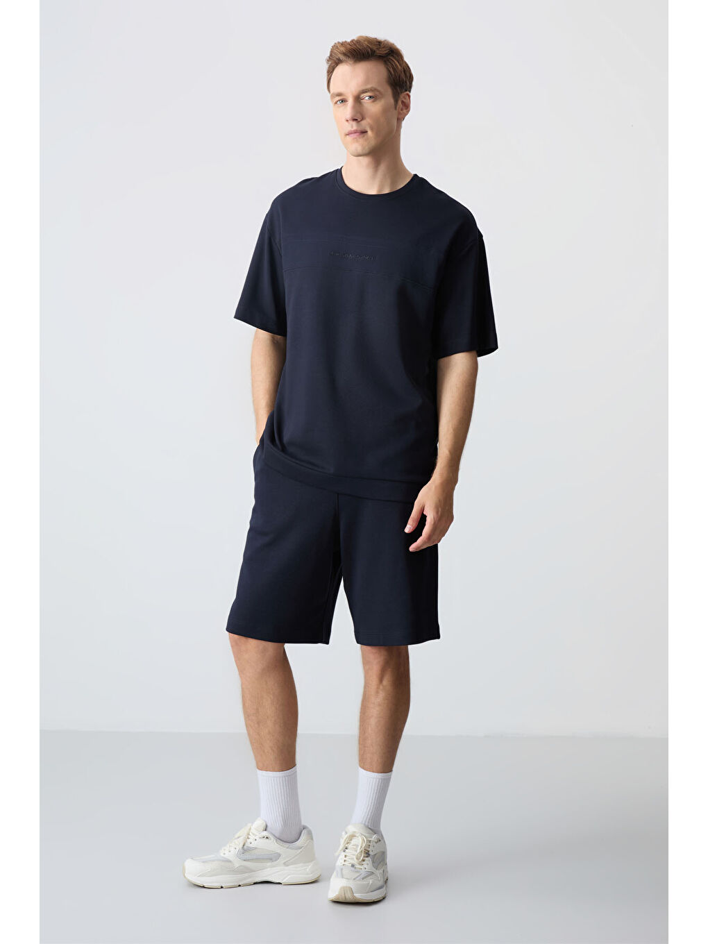 Lacivert Pamuklu Kalın Yumuşak Dokulu Comfort Fit Basic Erkek Şort Takım - 85257