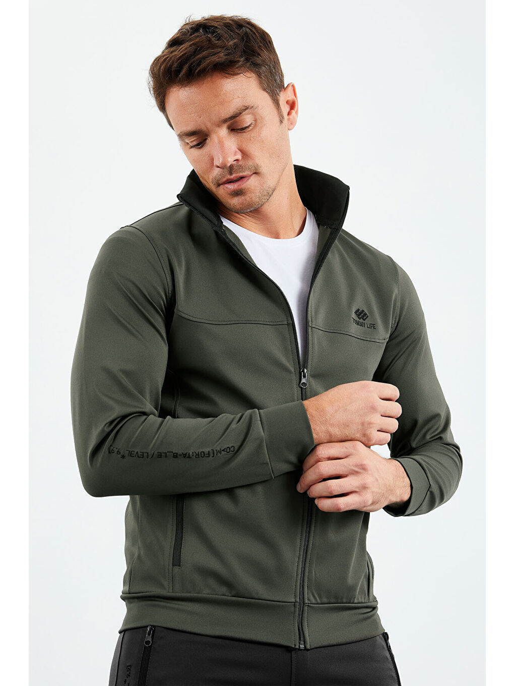 Haki-Siyah Dik Yaka Fermuarlı Standart Kalıp Manşetli Erkek Eşofman Takım - 85160-2