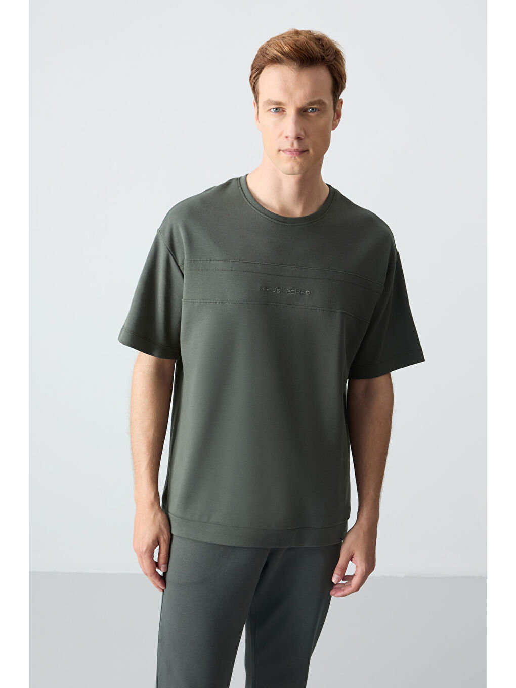 Haki Pamuklu Kalın Yumuşak Dokulu Oversize Fit Basic Erkek Eşofman Takım - 85261-4