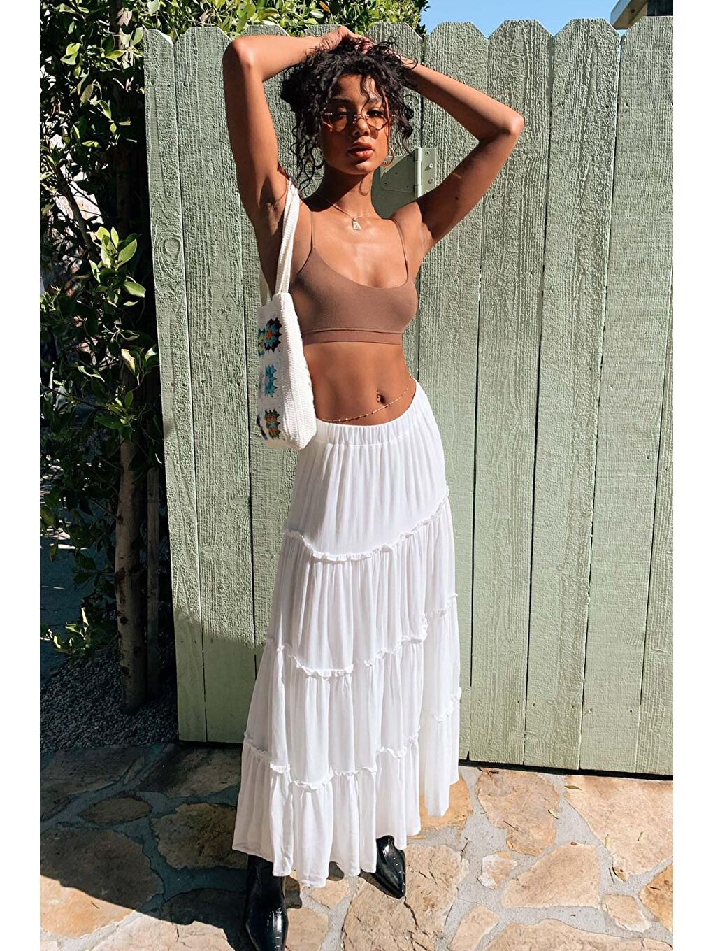 Beyaz Basic Pileli Kadın Uzun Etek-4