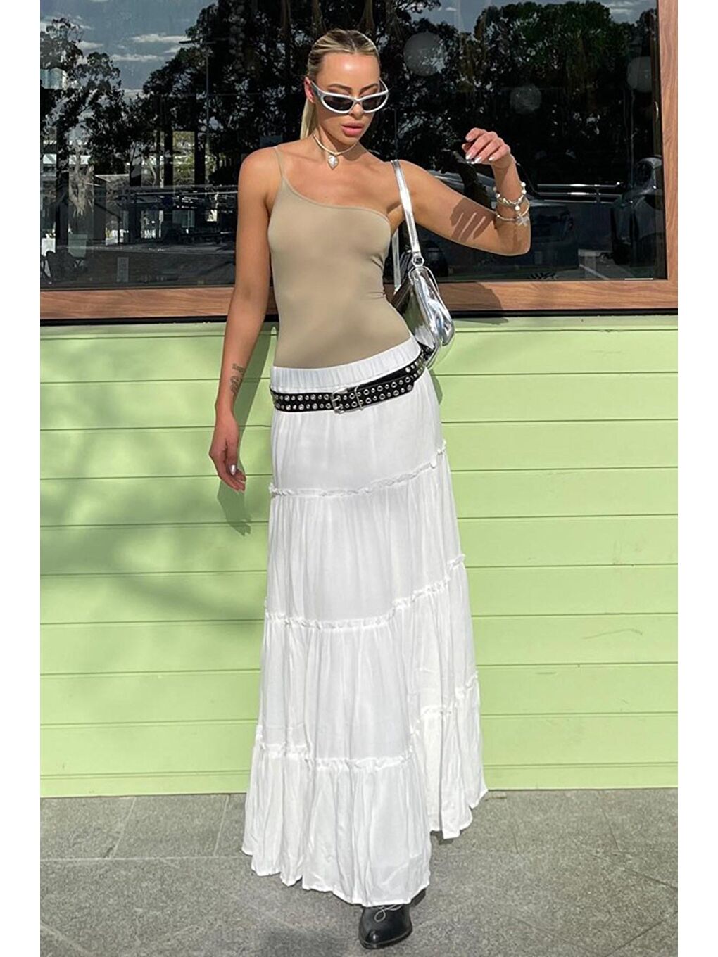 Beyaz Basic Pileli Kadın Uzun Etek-5