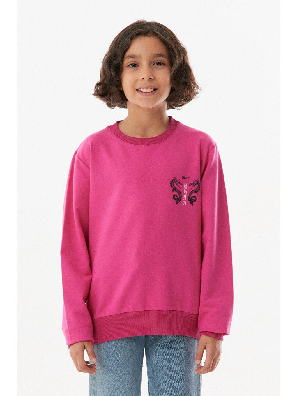 Fuşya Baskılı Bisiklet Yaka Unisex Çocuk Sweatshirt