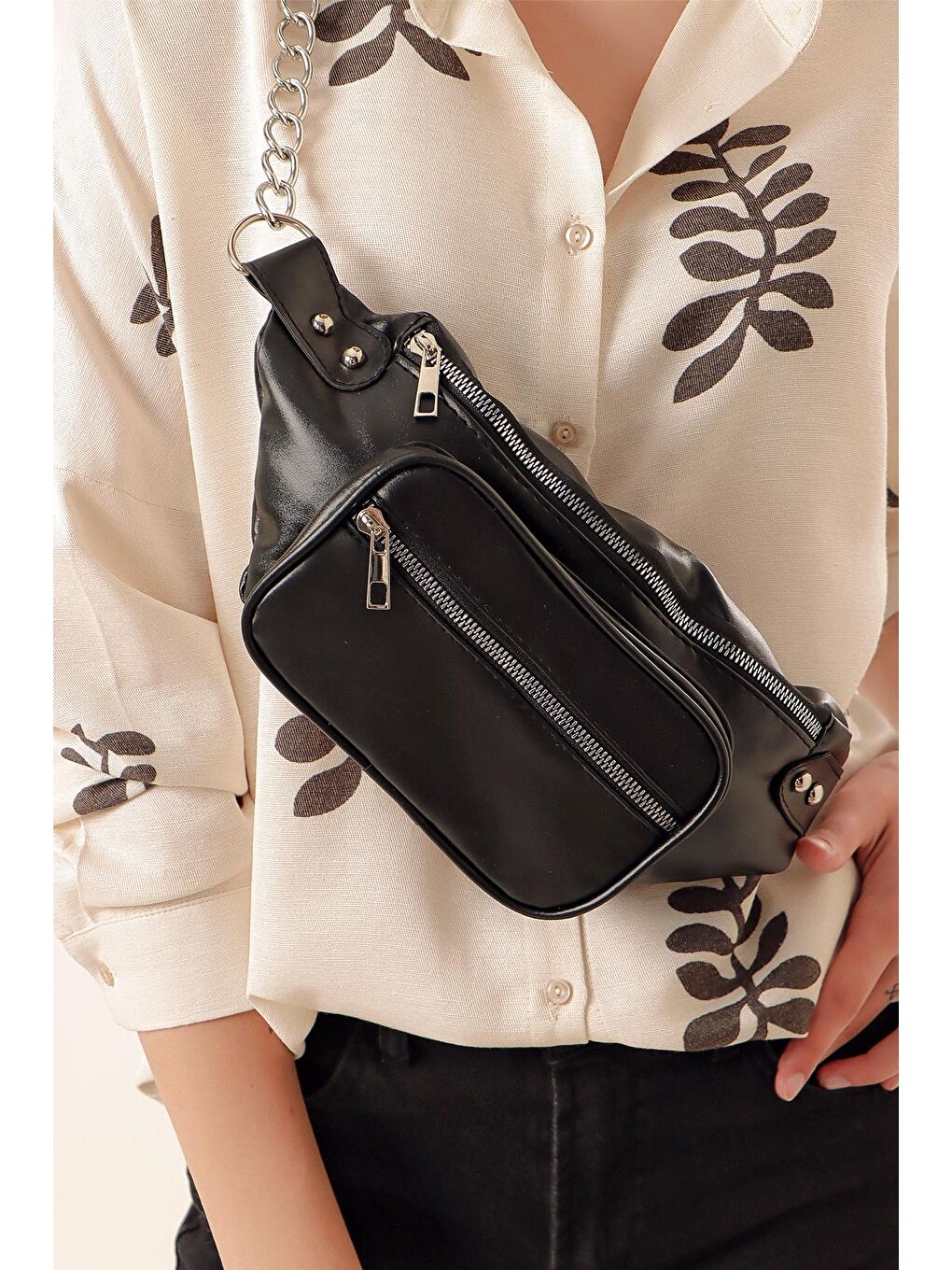 01077 Çift Gözlü Bel ve Göğüs Çantası - Siyah-1