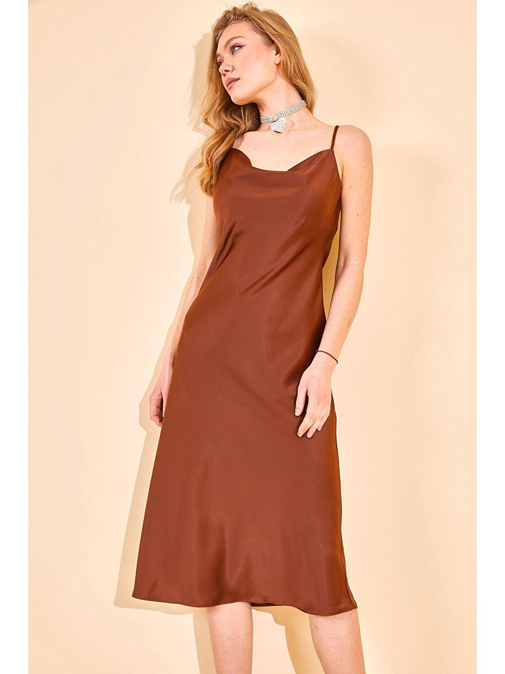 Kahverengi Degaje Yaka Saten Elbise 2YXK6-46154-18-3