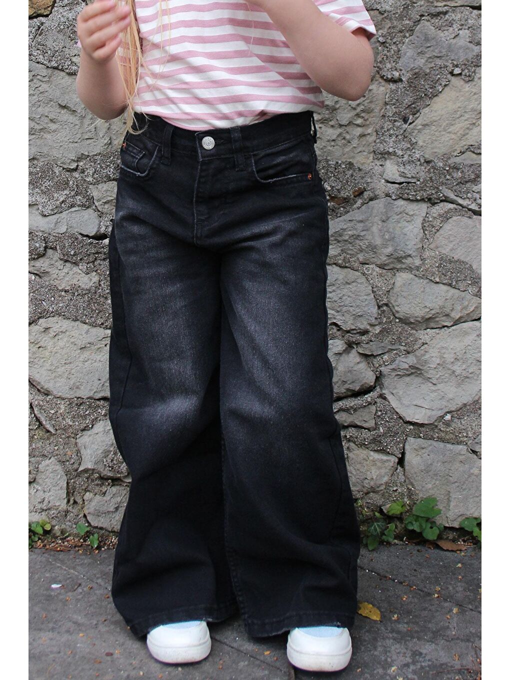 Kız Çocuk Jean Pantolon Geniş Paça Cepli Siyah (5-9 Yaş)