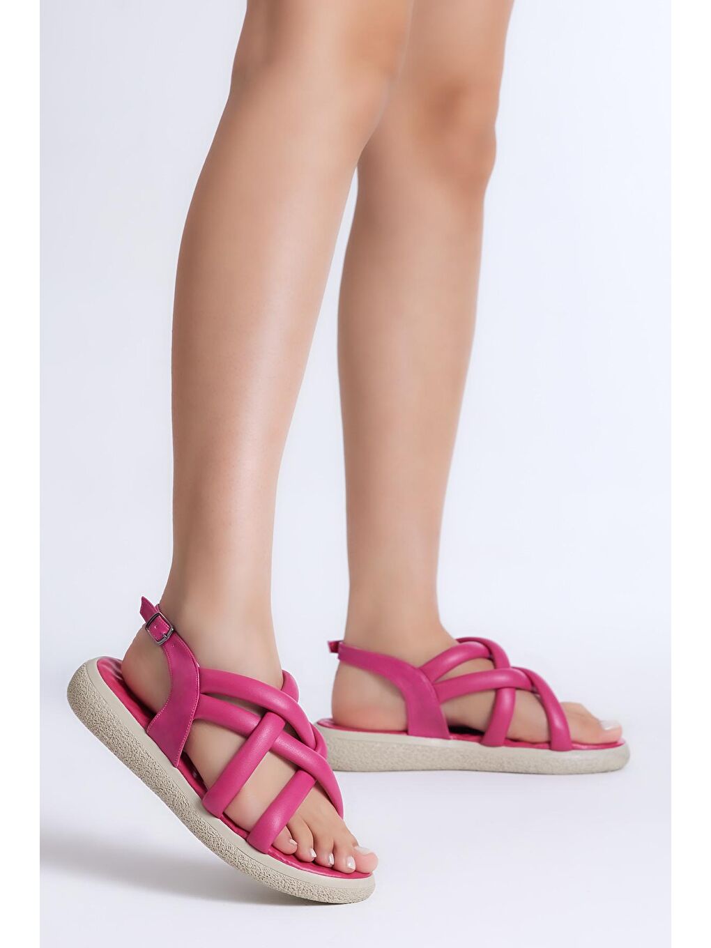 Kadın Fuşya Cilt Çapraz Çift Bantlı Sandalet