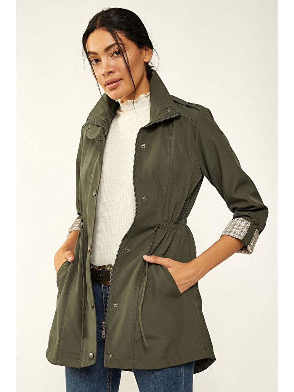 10322 Beli Büzgülü Trençkot - Haki