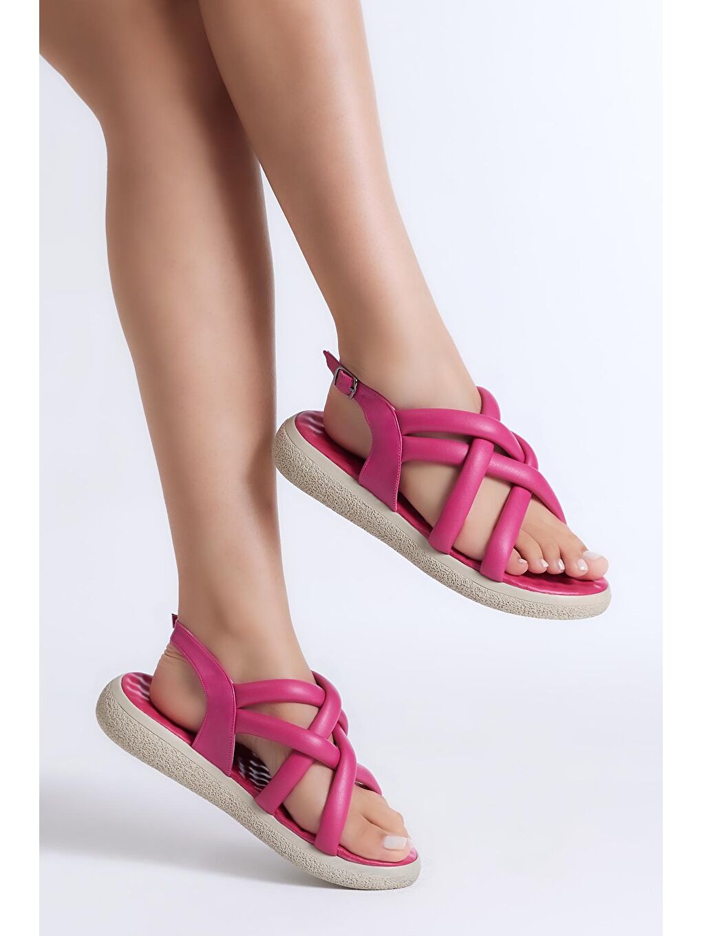Kadın Fuşya Cilt Çapraz Çift Bantlı Sandalet-1