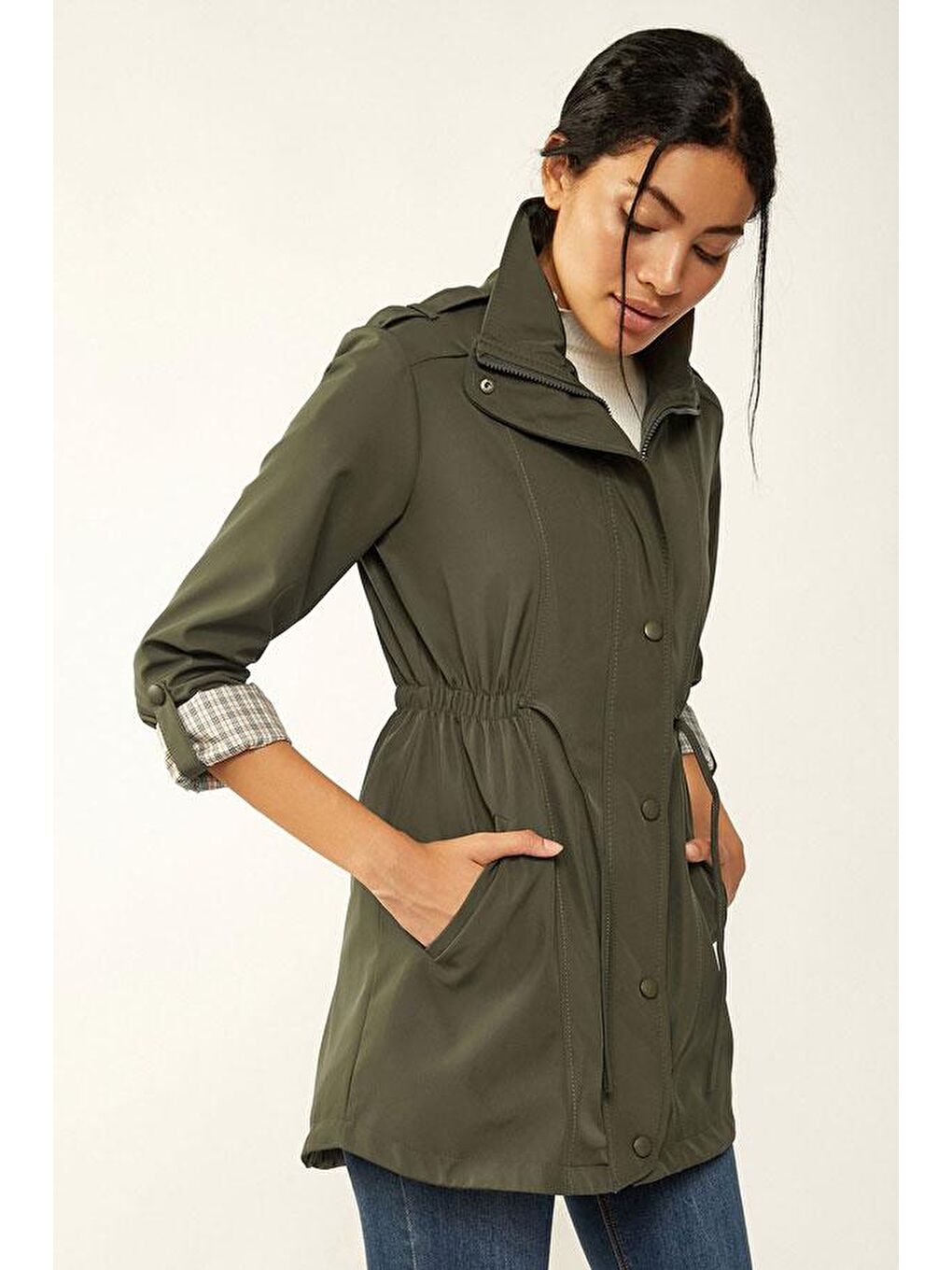 10322 Beli Büzgülü Trençkot - Haki-1