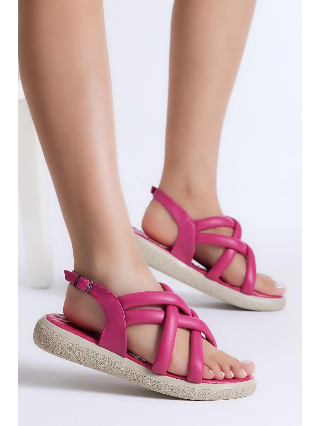 Kadın Fuşya Cilt Çapraz Çift Bantlı Sandalet-2