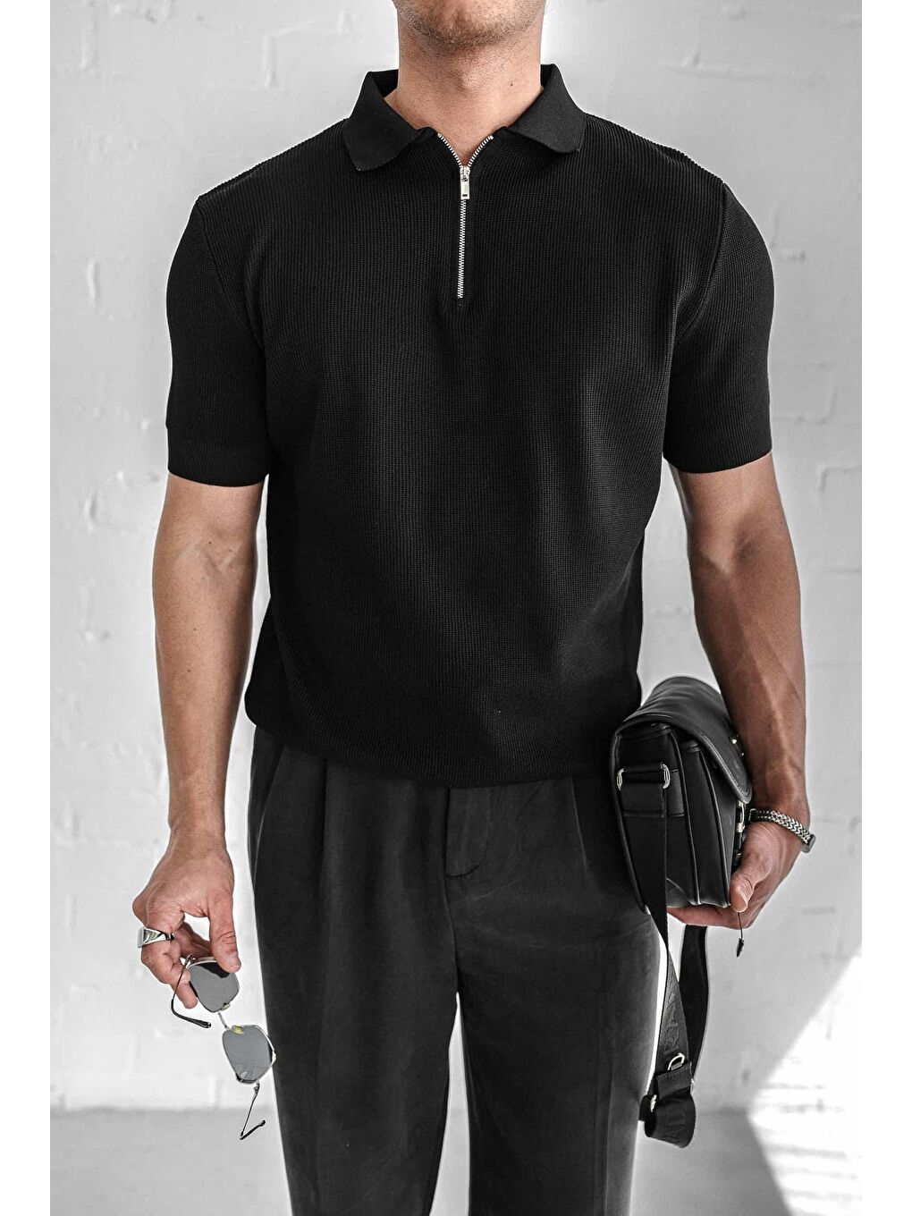 Erkek Yarım Fermuarlı Polo Yaka Triko Tişört Siyah-3