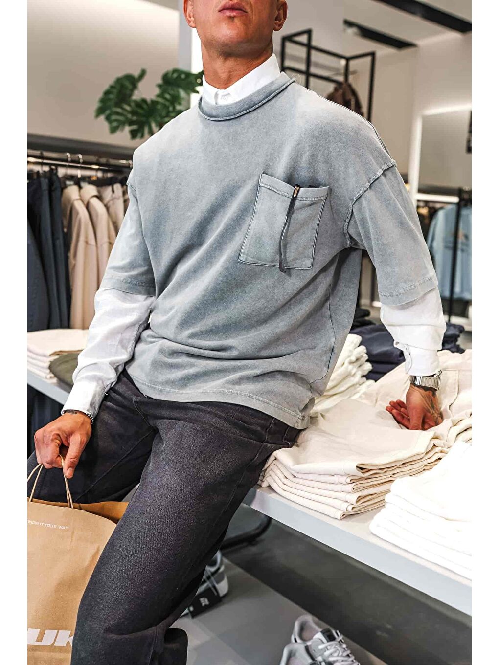 Erkek Yıkamalı Dikiş Detaylı Oversize Tişört Gri-1