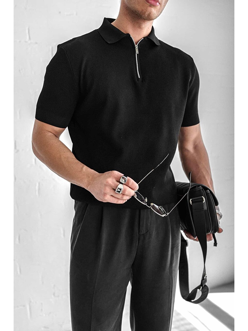Erkek Yarım Fermuarlı Polo Yaka Triko Tişört Siyah-4