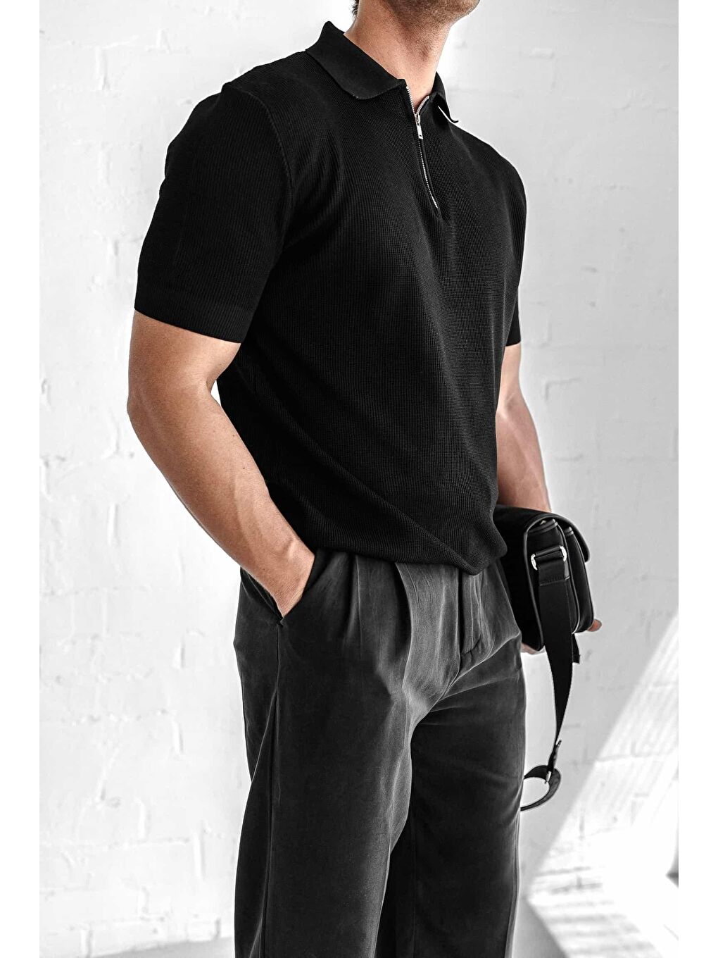 Erkek Yarım Fermuarlı Polo Yaka Triko Tişört Siyah-5