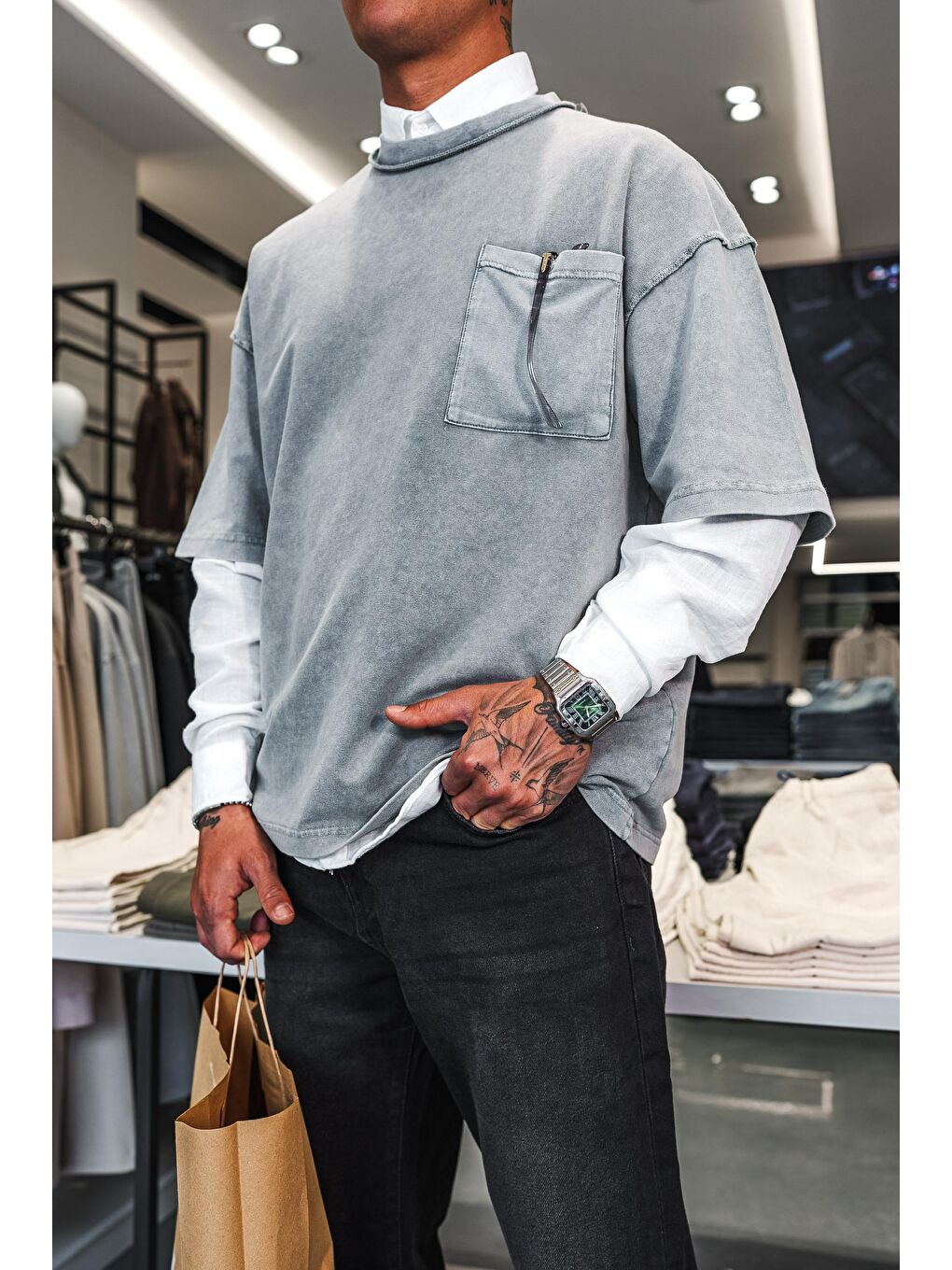 Erkek Yıkamalı Dikiş Detaylı Oversize Tişört Gri-2