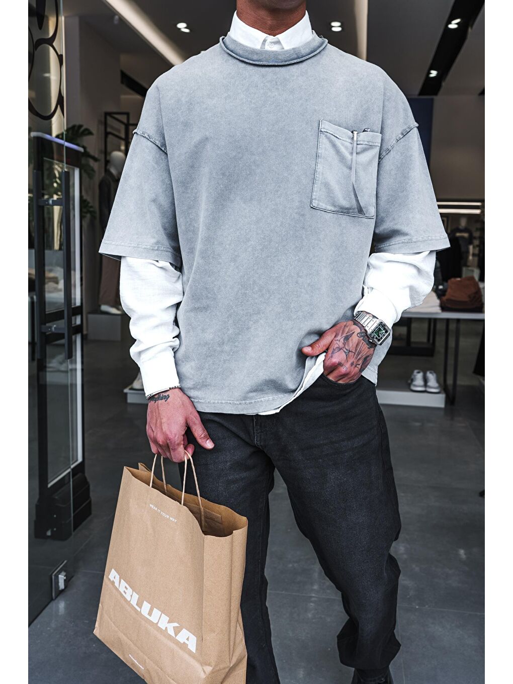 Erkek Yıkamalı Dikiş Detaylı Oversize Tişört Gri-3