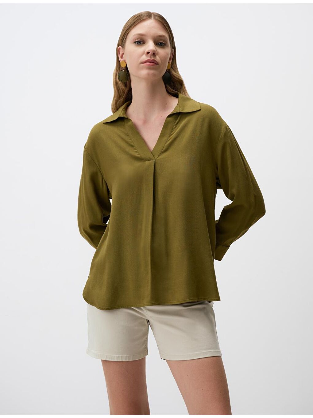 Haki Uzun Kollu V Yaka Bluz