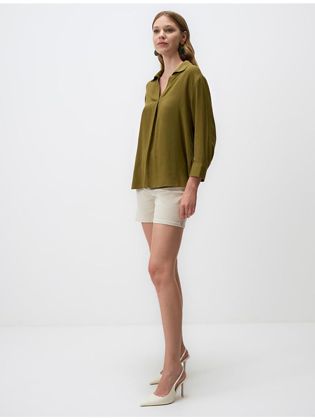 Haki Uzun Kollu V Yaka Bluz-1