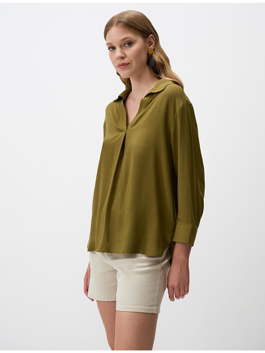 Haki Uzun Kollu V Yaka Bluz-2