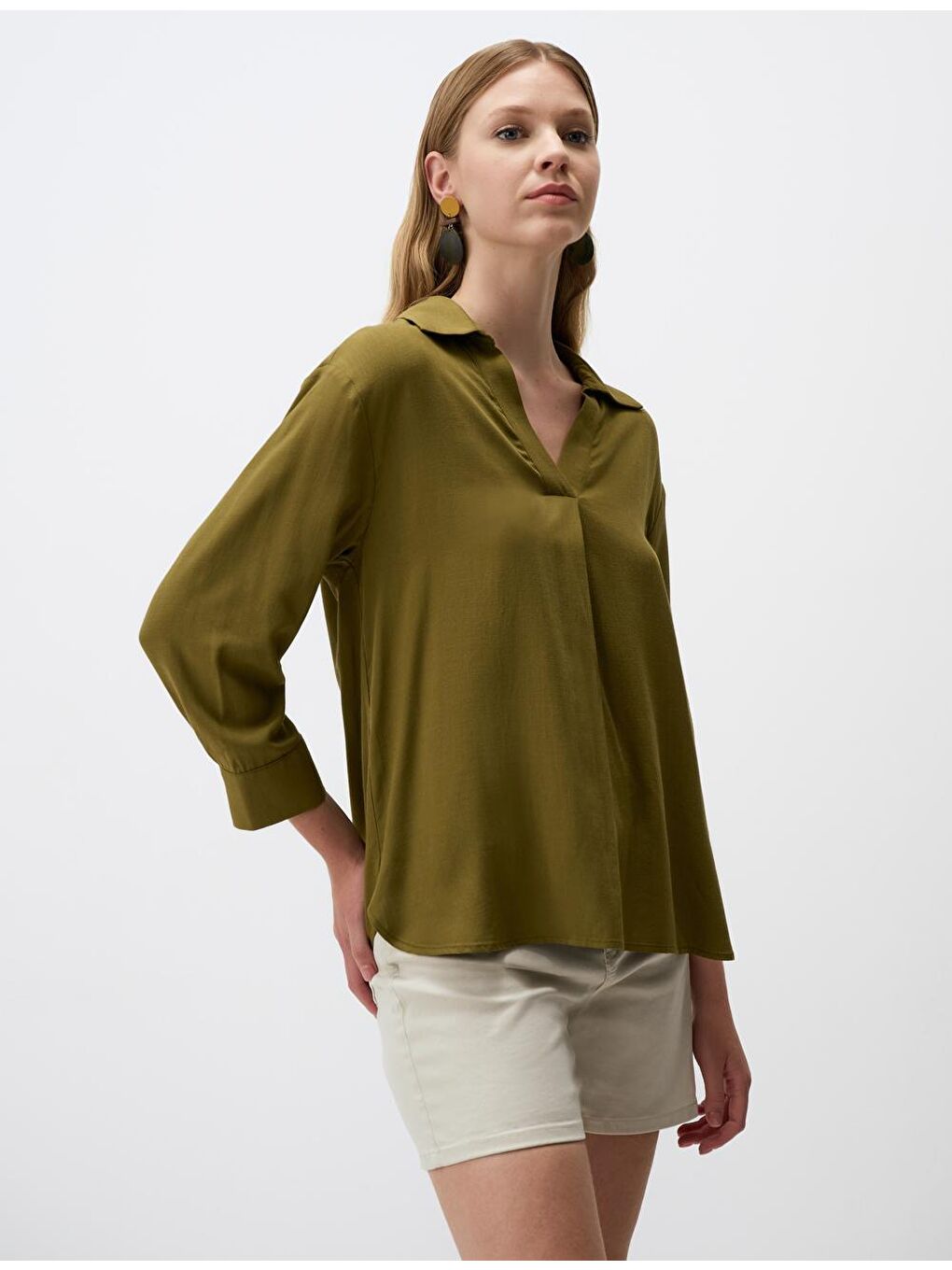 Haki Uzun Kollu V Yaka Bluz-3