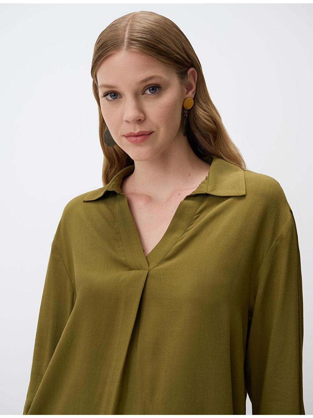 Haki Uzun Kollu V Yaka Bluz-4