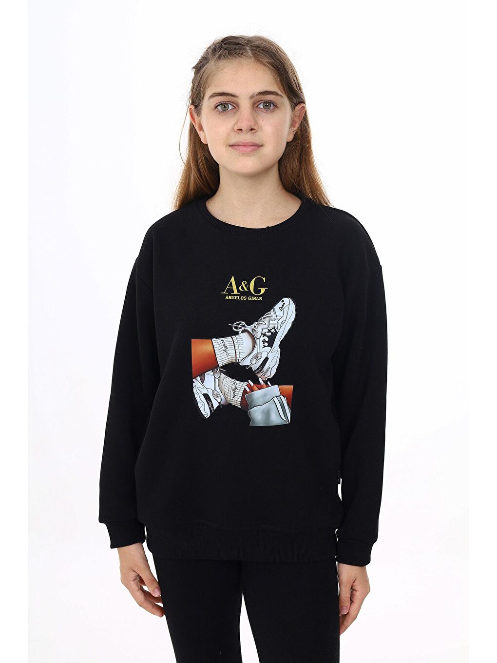 angelos Siyah Kız Çocuk Baskılı 3 İplik Sweatshirt 7-13 Yaş Lx287