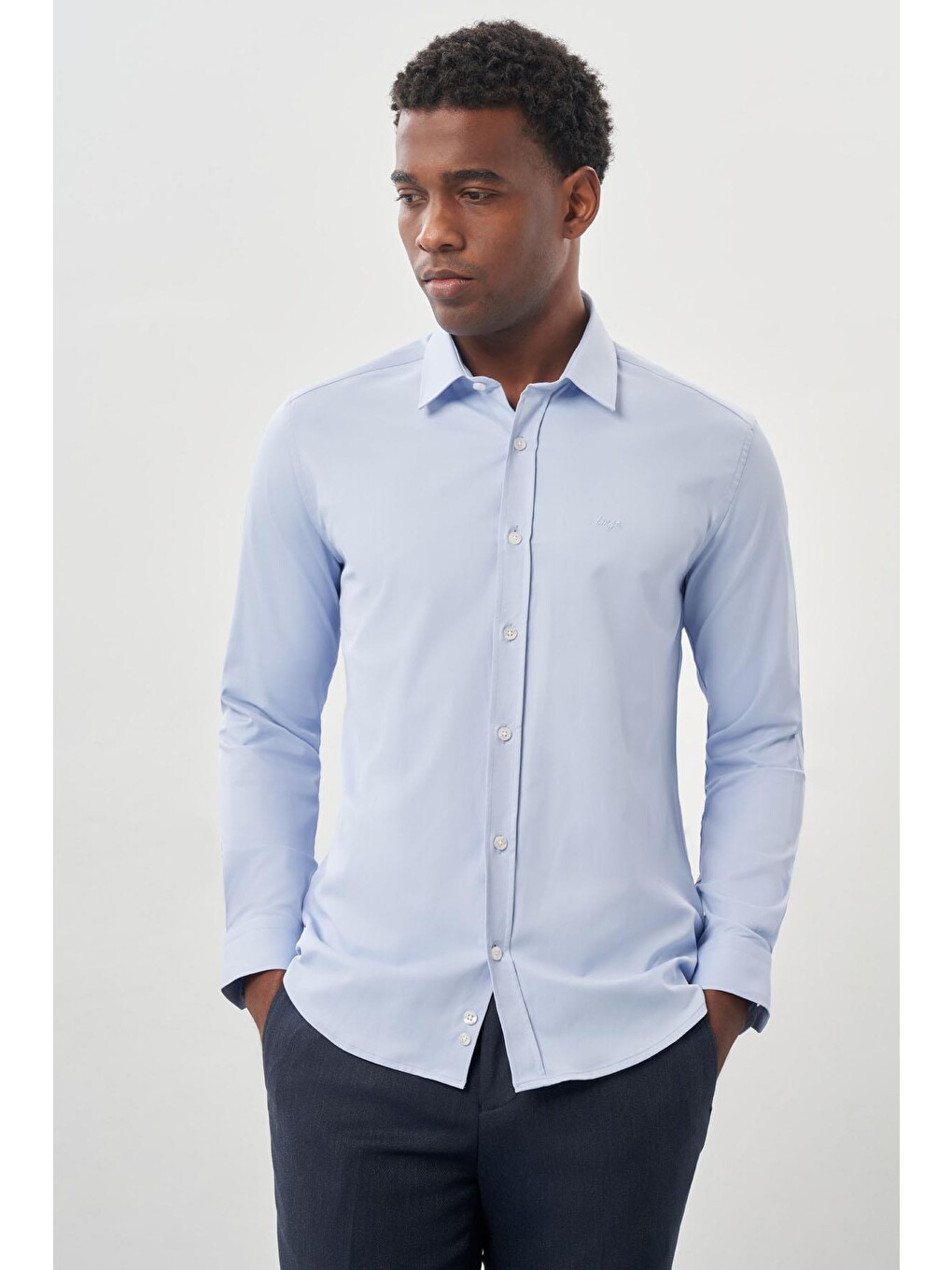 Mavi Uzun Kollu Sert Yaka Cepsiz Pamuklu Elastanlı Klasik Slim Fit Dar Kesim Gömlek 1004245234-2
