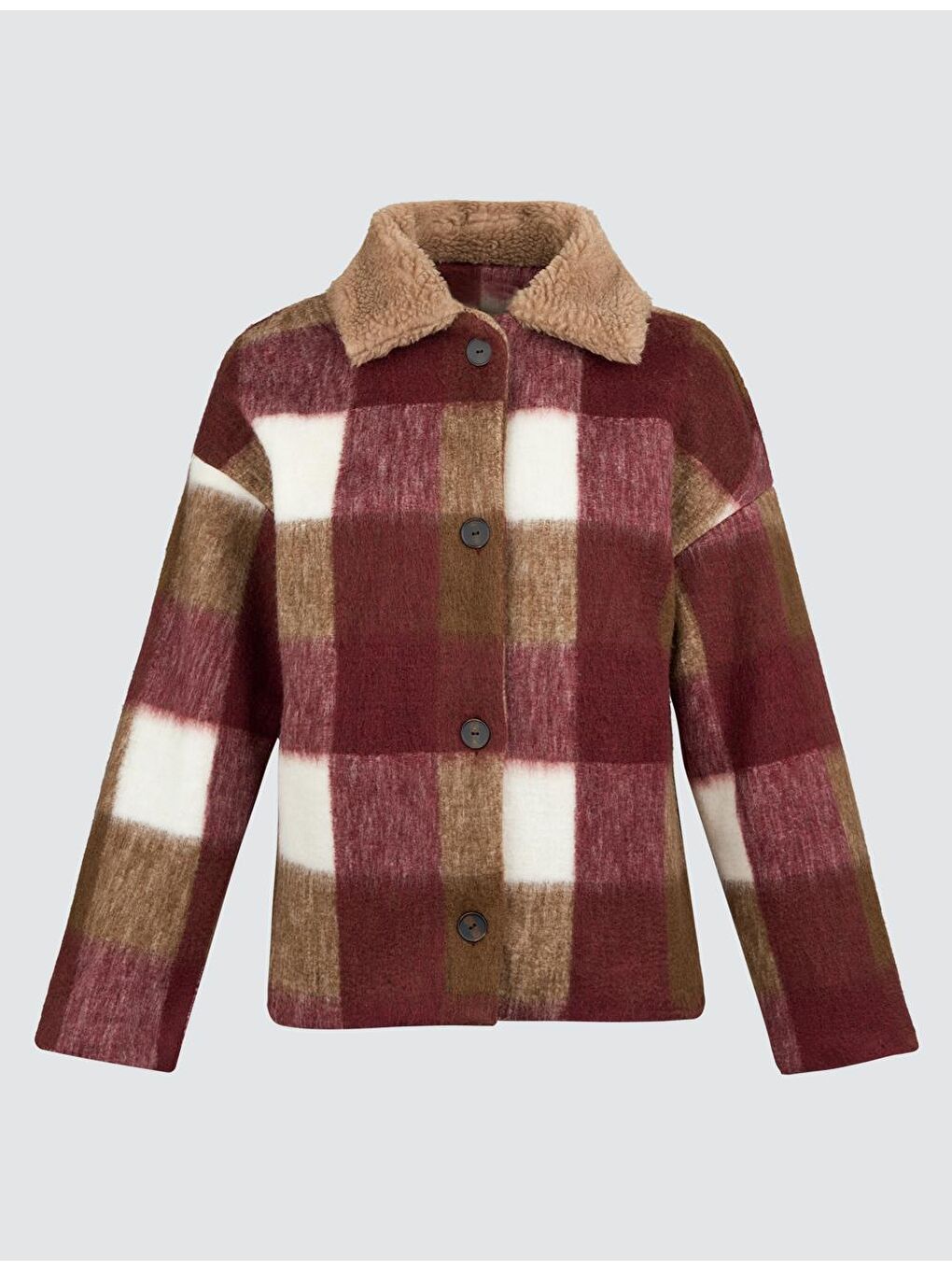 Bordo Ekose Desenli Uzun Kollu Kaşe Ceket-6